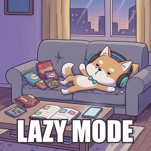 A cartoon Shiba Inu naps on a snack-covered couch under “LAZY MODE.”