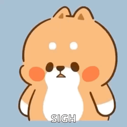 A chubby cartoon Shiba Inu frowns under the caption “SIGH.”