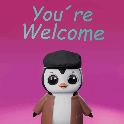 A cartoon penguin in a black cap stands on a pink background beneath welcome text.