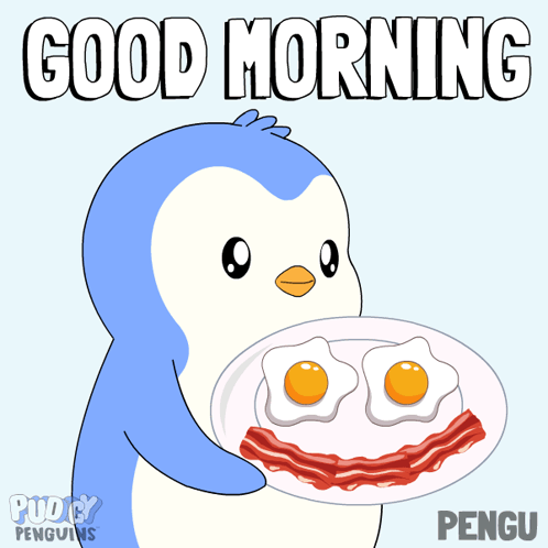 a penguin holding a plate of eggs and bacon with the words good morning behind it