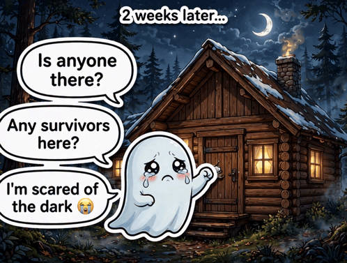 a cartoon of a ghost standing in front of a log cabin with speech bubbles that say " is anyone there "