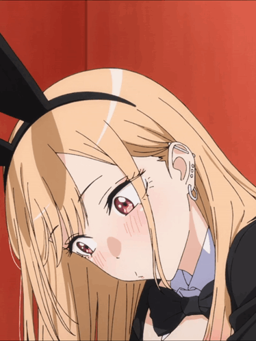 a blonde anime girl with bunny ears and a bow tie