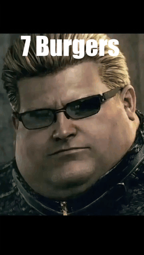 a man wearing sunglasses and a jacket with the words 7 burgers above him