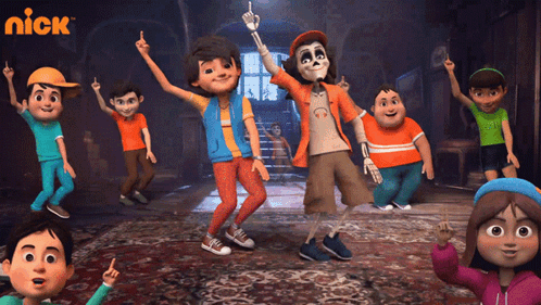 a group of kids are dancing in front of a sign that says nick on it