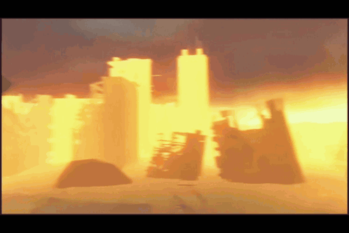 a computer generated image of a city on fire with a few buildings in the foreground