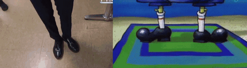 a picture of a person 's legs next to a picture of spongebob 's legs on a rug