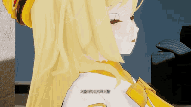 a yellow haired anime character with chinese writing on the back of her shirt
