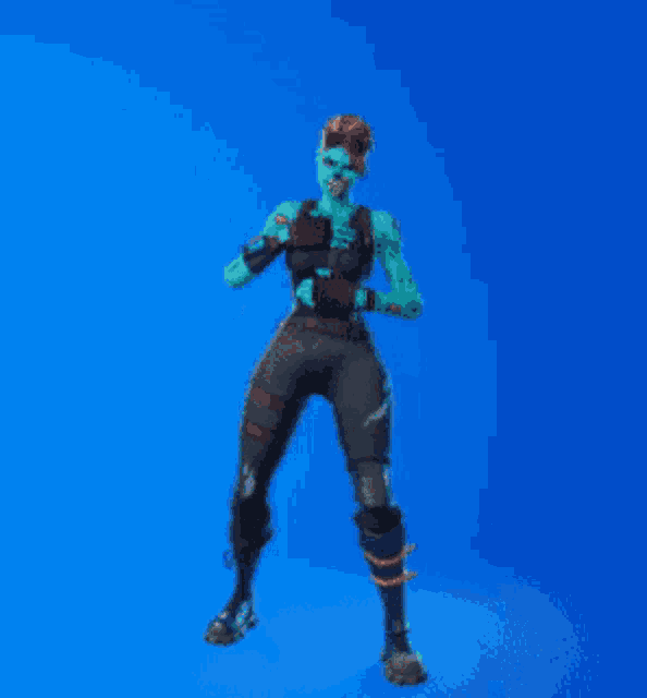 a pixel art of a person dancing on a blue background