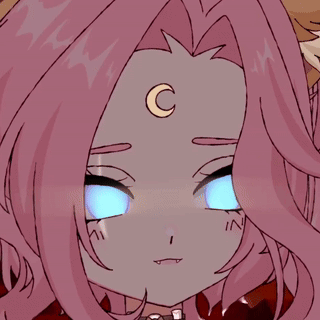 a girl with pink hair has a crescent moon on her head