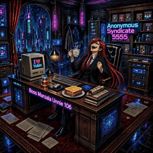 a woman sitting at a desk with a computer and a sign that says anonymous syndicate 555