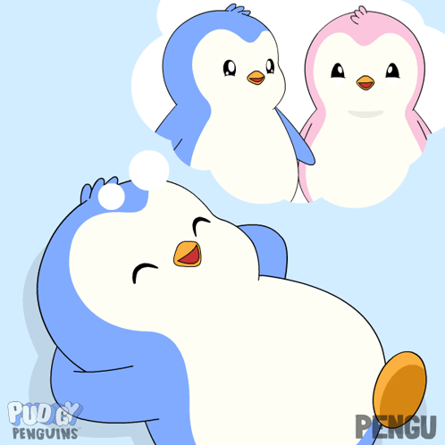 A blue penguin reaches toward two penguins cuddling in a cloud.