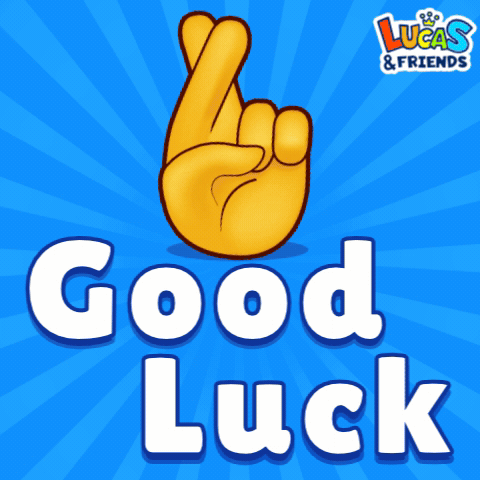 Cartoon hand crosses fingers above large “Good Luck” text.