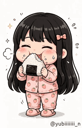 a girl in strawberry pajamas is eating a rice ball with seaweed