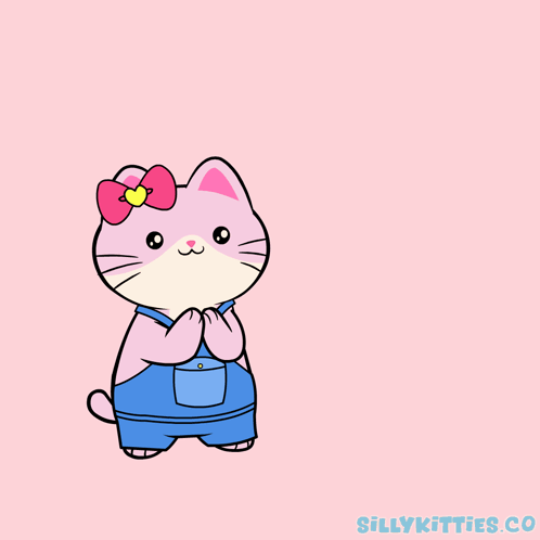 A pink cartoon cat in overalls stands on a pale pink background.