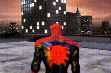 Spider-Man walks alone across a rooftop at sunset.