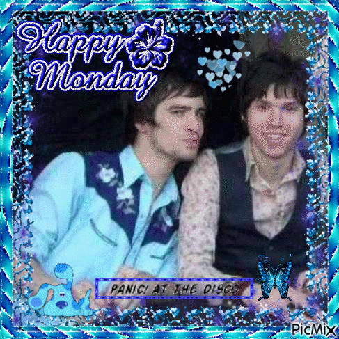 a picture of two men with the words happy monday written on it