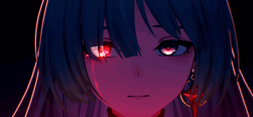 a close up of a girl with red eyes and blue hair