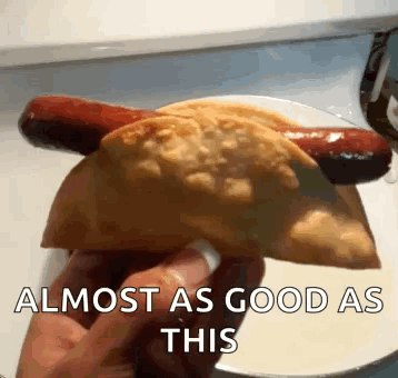 a person is holding a taco with a hot dog on it and the words " almost as good as this " on the bottom