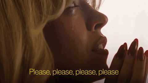 A woman in profile clasps her hands in a dramatic plea with yellow subtitles reading “Please, please, please, please.”
