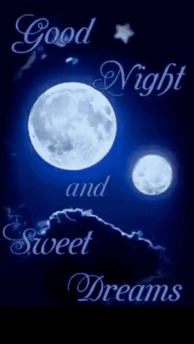 A blue moon and glowing orbs accompany cursive “Good Night and Sweet Dreams.”