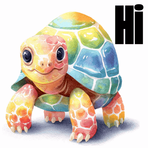 A colorful painted turtle says “Hi.”