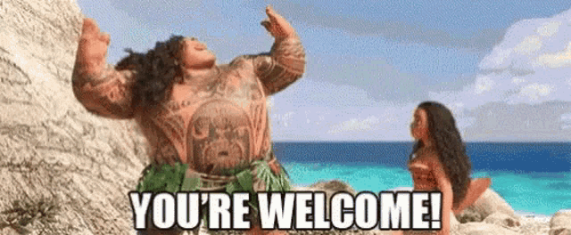 Maui stands on a sunny beach beside Moana beneath “YOU’RE WELCOME” subtitles.