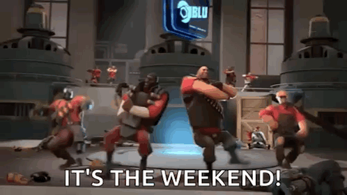 a group of soldiers are dancing in a video game and the words `` it 's the weekend '' are visible .