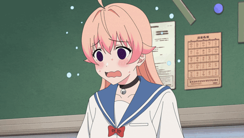 a girl with pink hair is standing in front of a chalkboard with chinese characters on it