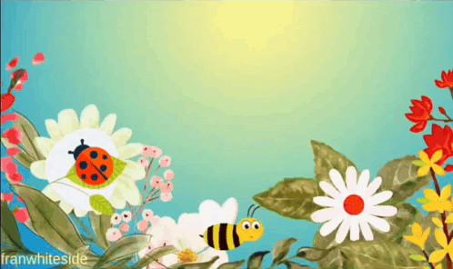 A ladybug and bee fly among daisies under a glowing sun.