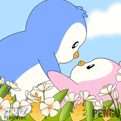 Two pastel cartoon birds nuzzle among flowers.