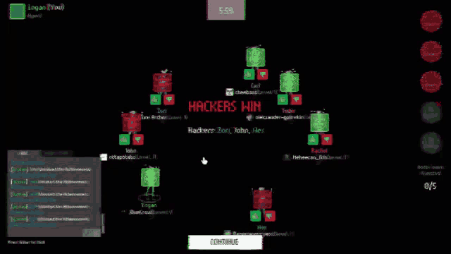 a computer screen that says hackers win and a continue button