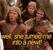 a group of people are sitting next to each other and one of them is saying well she turned me into a newt