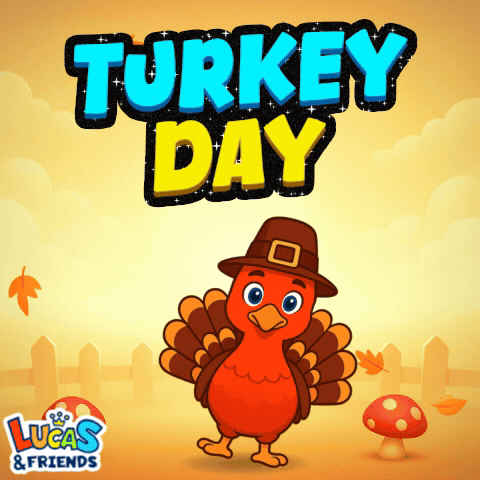 a turkey wearing a pilgrim hat is standing in front of a fence with the words turkey day above it