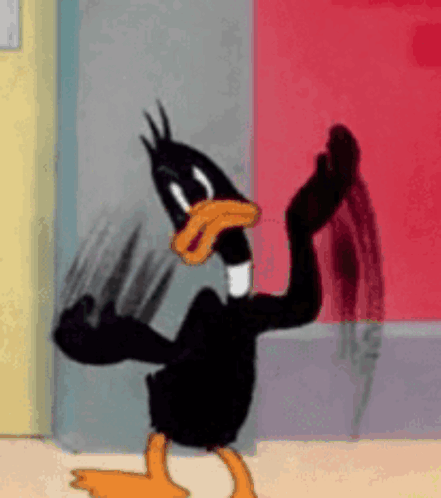 Daffy Duck repeatedly punches himself in a frantic cartoon meltdown.
