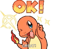 Charmander gives a thumbs-up below a sparkly “OK!” caption.