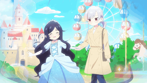 a girl in a blue dress is holding hands with a man in a tan coat