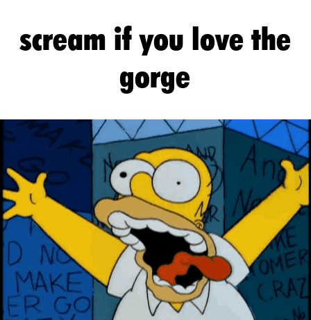 Homer Simpson screams beneath a sign reading “scream if you love the gorge.”