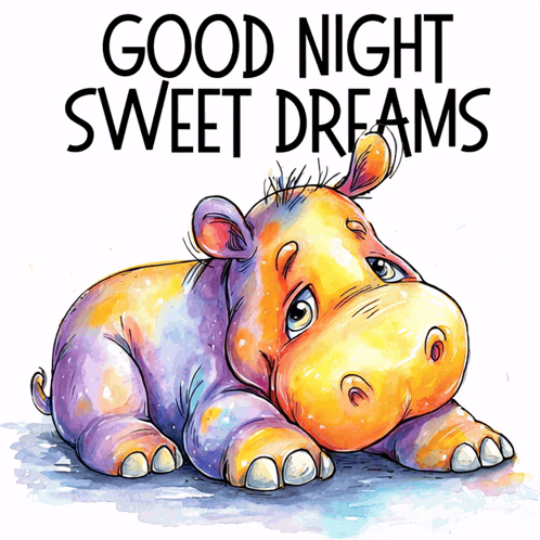 A cheerful illustrated hippo sits beneath “GOOD NIGHT SWEET DREAMS.”