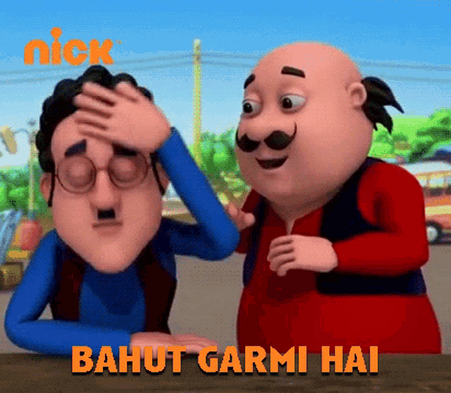 two cartoon characters with the words bahut garmi hai written on the bottom
