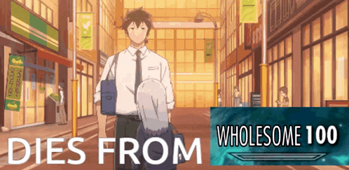 a man and a woman are walking down a street with the words dies from wholesome 100