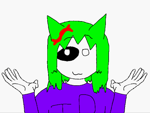 a drawing of a girl with green hair and a purple shirt that says td