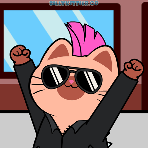 a cartoon cat wearing sunglasses and a pink mohawk has sillykitties.co written on the bottom