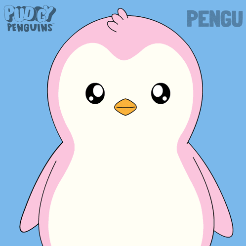 A cute pink-and-white penguin stands on a blue background.