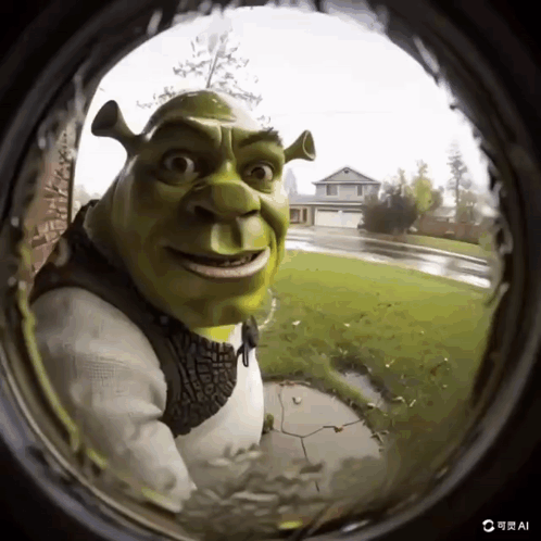 a picture of shrek looking through a doorbell