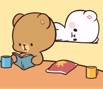 a cartoon of a teddy bear reading a book and a white bear laying on the floor