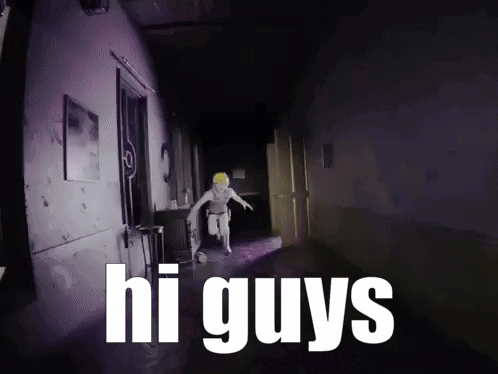a person running down a hallway with the words hi guys written on it