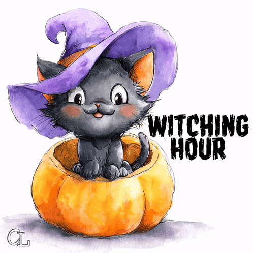 a cat wearing a witch hat sits in a pumpkin with the words witching hour written below it