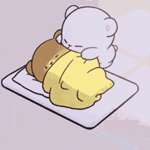 Two small cartoon animals sleep together under a yellow blanket.