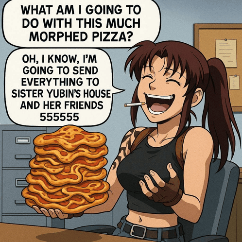 a cartoon of a woman holding a stack of pizza