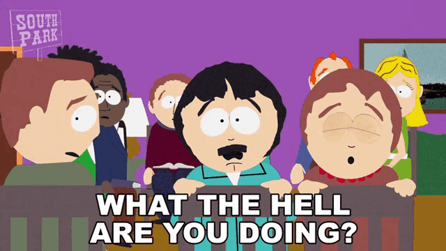 a group of south park characters are standing around a table